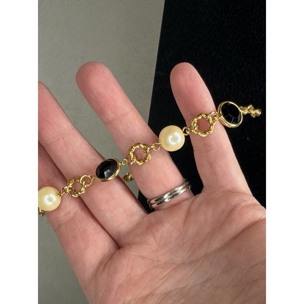 Vintage Yellow Gold Tone Bracelet Faux Pearl Jet Black Scrolled Stackable - Picture 3 of 3